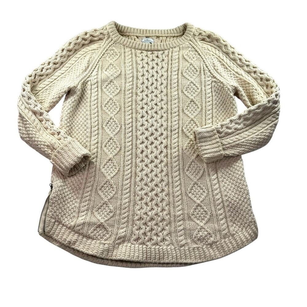 L.L. Bean Signature Fisherman Tunic Sweater M Side Zip Cream Cotton Cable Knit